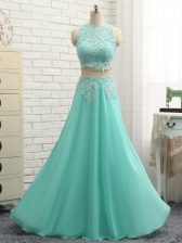  Apple Green Side Zipper High-neck Lace and Appliques Prom Dress Chiffon Sleeveless
