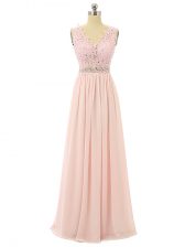 Fine Pink Zipper Homecoming Dress Beading and Appliques Sleeveless Floor Length