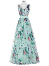 Cute V-neck Sleeveless Zipper Prom Evening Gown Multi-color Printed