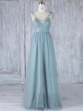 Designer V-neck Sleeveless Quinceanera Court of Honor Dress Floor Length Lace Grey Tulle