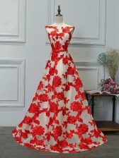 Captivating A-line Prom Evening Gown White And Red Bateau Printed Sleeveless Floor Length Lace Up