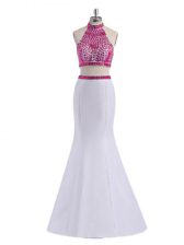 Suitable White Sleeveless Floor Length Beading Criss Cross Dress for Prom