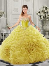 Designer Yellow Ball Gowns Sweetheart Sleeveless Organza Court Train Lace Up Beading and Ruffles Sweet 16 Dress