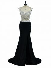  Black Zipper Dress for Prom Beading Cap Sleeves