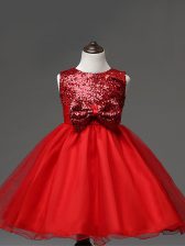 Custom Designed Sequins and Bowknot Little Girl Pageant Gowns Red Zipper Sleeveless Tea Length