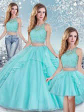 Extravagant Aqua Blue Sleeveless Floor Length Beading and Lace and Sequins Clasp Handle Quinceanera Gowns