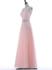  Tulle V-neck Sleeveless Zipper Lace and Appliques Dress for Prom in Baby Pink