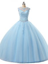 Adorable Scoop Sleeveless Lace Up Quinceanera Gown Light Blue Tulle