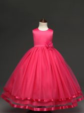  Hot Pink Tulle Zipper Little Girl Pageant Gowns Sleeveless Floor Length Hand Made Flower