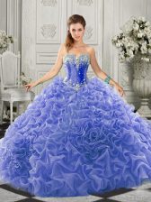  Blue Ball Gowns Organza Sweetheart Sleeveless Beading and Ruffles Lace Up Quinceanera Dresses Court Train