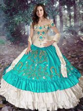  Embroidery and Ruffled Layers Quinceanera Gown Blue And White Lace Up Sleeveless Floor Length