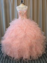 Modern Scoop Sleeveless Lace Up Sweet 16 Dresses Pink Tulle