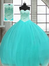  Turquoise Ball Gowns Beading 15th Birthday Dress Lace Up Tulle Sleeveless Floor Length