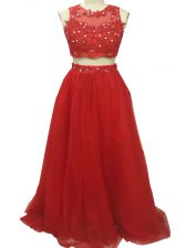 Exceptional Red Scoop Zipper Beading and Appliques Prom Party Dress Sweep Train Sleeveless