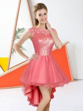 Ideal Watermelon Red Organza Backless Bateau Sleeveless High Low Damas Dress Beading and Lace