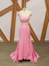 Glamorous Baby Pink Mermaid Elastic Woven Satin Scoop Sleeveless Beading and Lace and Appliques Zipper Homecoming Dress Brush Train