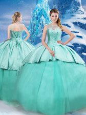 Traditional Scoop Sleeveless Sweet 16 Quinceanera Dress Brush Train Beading and Ruching Turquoise Tulle