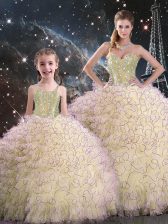 Beading and Ruffles Quinceanera Gown Light Yellow Lace Up Sleeveless Floor Length