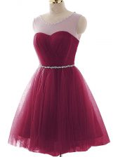 Best Burgundy Lace Up Prom Evening Gown Beading and Ruffles Sleeveless Mini Length
