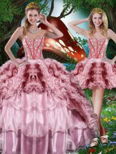 Elegant Sweetheart Sleeveless Organza 15th Birthday Dress Beading and Ruffles and Ruffled Layers Lace Up