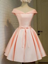 Captivating Peach Cap Sleeves Belt Knee Length Dama Dress