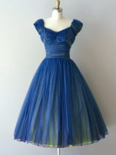Modest Blue Dama Dress for Quinceanera Prom and Party and Military Ball and Sweet 16 with Ruching V-neck Cap Sleeves Lace Up