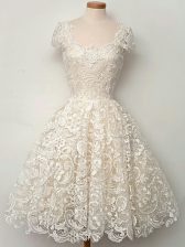 Edgy Knee Length Champagne Quinceanera Court of Honor Dress Lace Cap Sleeves Lace