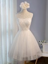 Glittering Sleeveless Tulle Mini Length Lace Up Prom Gown in Champagne with Beading