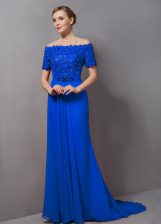 Sexy Off The Shoulder Short Sleeves Sweep Train Zipper Dress for Prom Blue Chiffon