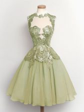  Chiffon High-neck Sleeveless Lace Up Lace Damas Dress in Olive Green