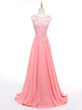  Empire Sleeveless Watermelon Red Prom Gown Brush Train Lace Up