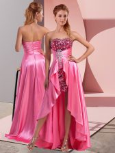 Decent High Low Empire Sleeveless Rose Pink Prom Gown Zipper