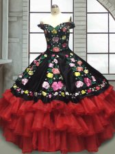 Admirable Floor Length Red And Black Quinceanera Gown Organza and Taffeta Sleeveless Embroidery and Ruffled Layers
