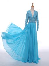  Chiffon V-neck Long Sleeves Zipper Lace Homecoming Dress in Baby Blue