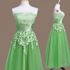  Strapless Sleeveless Quinceanera Court of Honor Dress Tea Length Appliques Green Tulle