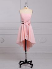  Baby Pink Empire Chiffon Strapless Sleeveless Ruching and Bowknot High Low Lace Up Dama Dress for Quinceanera