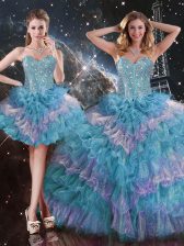 Classical Multi-color Lace Up Sweetheart Beading and Ruffled Layers Sweet 16 Dresses Organza Sleeveless