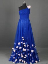 Wonderful Sleeveless Tulle Floor Length Side Zipper in Royal Blue with Beading and Hand Made Flower