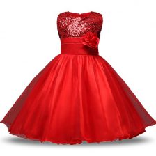 Sweet Bowknot and Belt and Hand Made Flower Flower Girl Dress Red Zipper Sleeveless Knee Length