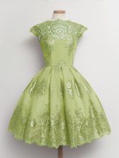  Yellow Green Tulle Lace Up Dama Dress Cap Sleeves Knee Length Lace