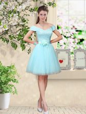 On Sale Aqua Blue Cap Sleeves Tulle Lace Up Dama Dress for Prom and Party