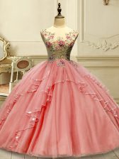 Watermelon Red Sleeveless Tulle Lace Up Quince Ball Gowns for Military Ball and Sweet 16 and Quinceanera