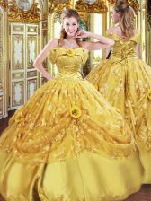 Fashion Gold Sleeveless Tulle Lace Up Quinceanera Gowns for Military Ball and Sweet 16 and Quinceanera