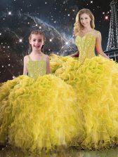 Admirable Yellow Ball Gowns Organza Sweetheart Sleeveless Beading and Ruffles Floor Length Lace Up Ball Gown Prom Dress