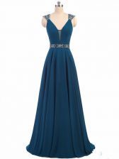 Luxury Floor Length Empire Cap Sleeves Teal Prom Party Dress Lace Up