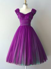  Knee Length Purple Court Dresses for Sweet 16 V-neck Cap Sleeves Lace Up