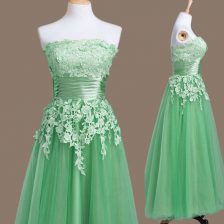  Tulle Strapless Sleeveless Lace Up Appliques Dama Dress for Quinceanera in Green