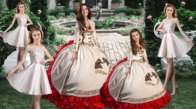  White Sweet 16 Dress Military Ball and Sweet 16 and Quinceanera with Embroidery Sweetheart Long Sleeves Brush Train Lace Up