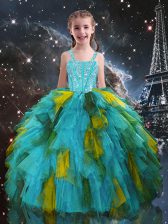 Great Straps Short Sleeves Pageant Gowns For Girls Floor Length Beading and Ruffles Aqua Blue Tulle