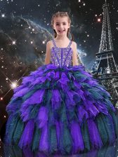  Sleeveless Floor Length Beading and Ruffles Lace Up Little Girl Pageant Dress with Eggplant Purple